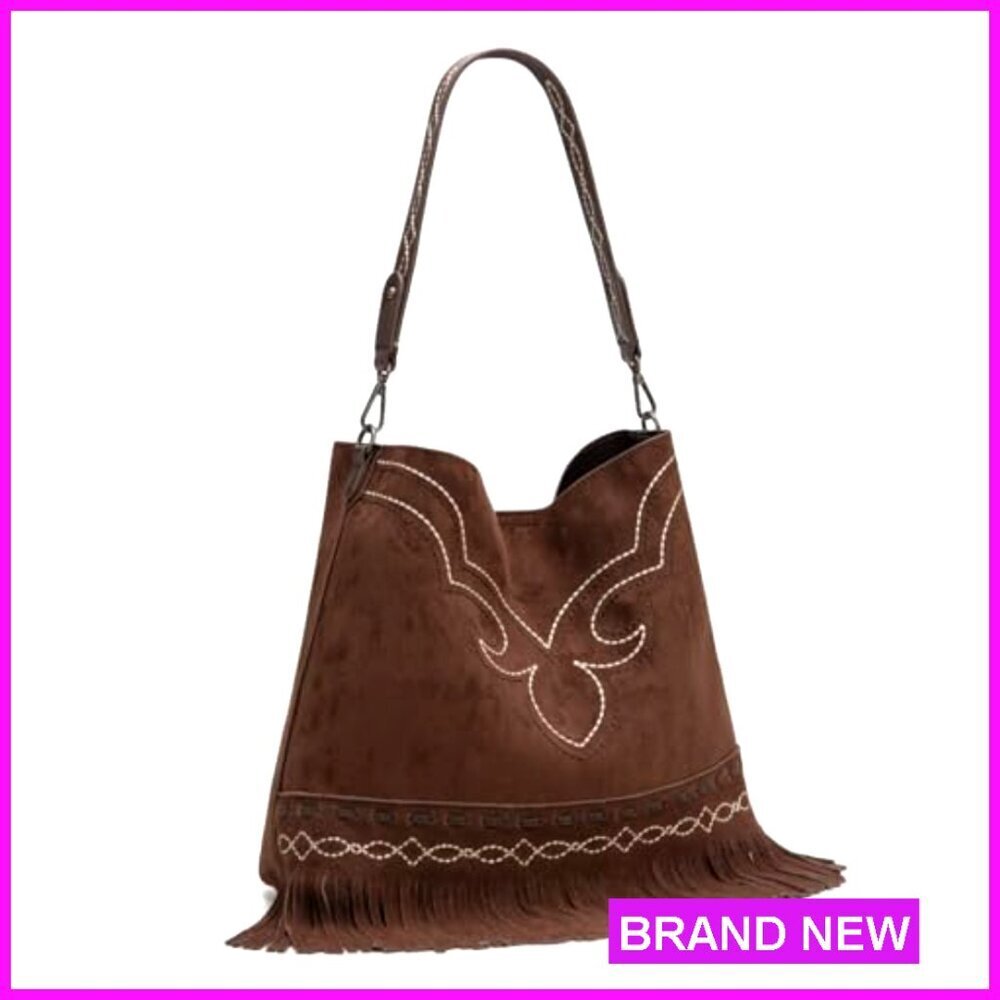 Fringe Suede Hobo Bag Designer Top Handle Shoulder Bag Western Boho Chic - Picture 5 of 6